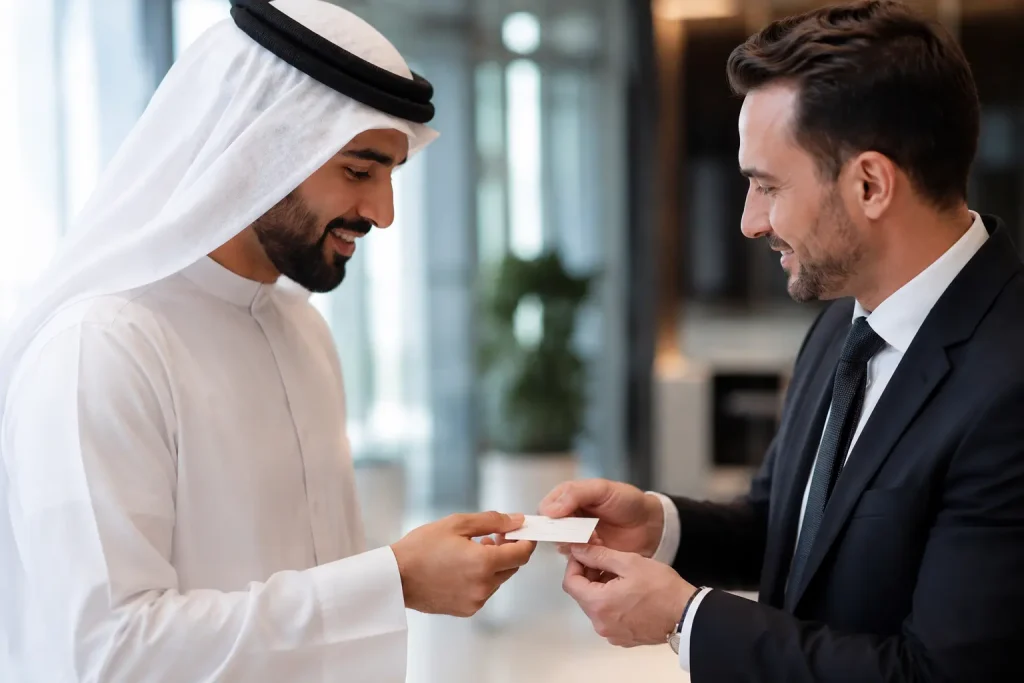 Two business professionals exchanging a business card during a corporate meeting in Qatar.
